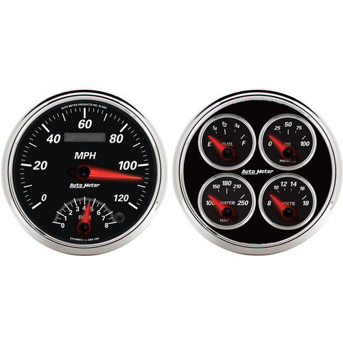 Autometer Gauge Kit, Designer Black II, Quad, Fuel Level, Volts, Oil Pressure, Water Temperature & Tachometer/Speedometer, 5 in., Analog, Set of 2