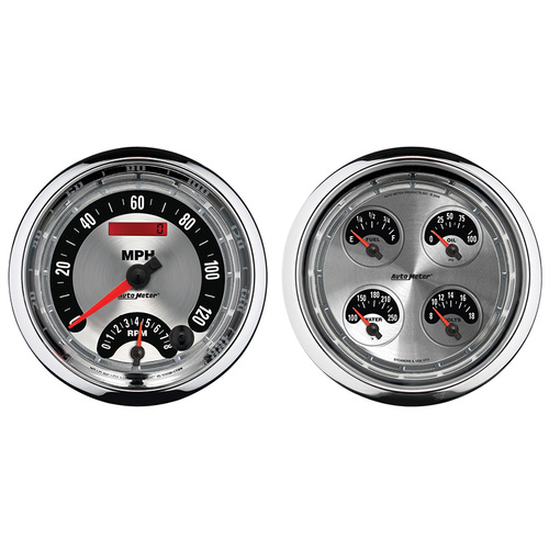Autometer Gauge Kit, American Muscle, Quad, Fuel Level, Volts, Oil Pressure, Water Temperature & Tachometer/Speedometer, 5 in., Set of 2