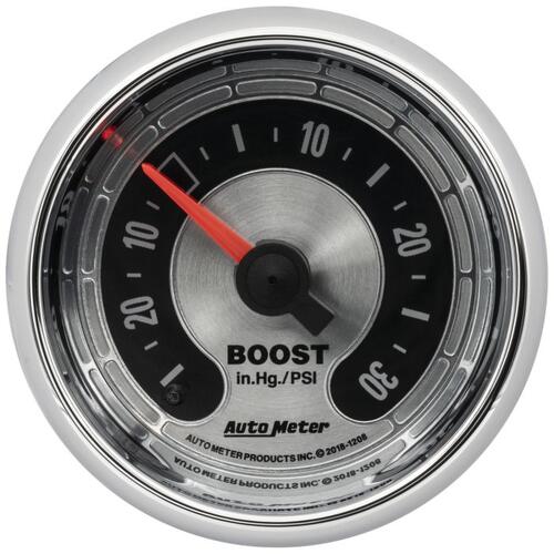 Autometer Gauge, Vac/Boost, 2 1/16", 30Inhg-30Psi, Mechanical, American Muscle, American Muscle
