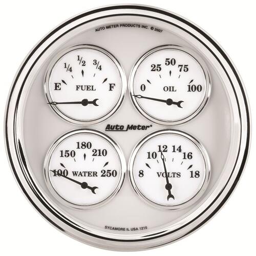 Autometer Gauge, Quad, 5", 240Ωe-33Ωf, Elec, Old Tyme White Ii, Old-Tyme White Ii