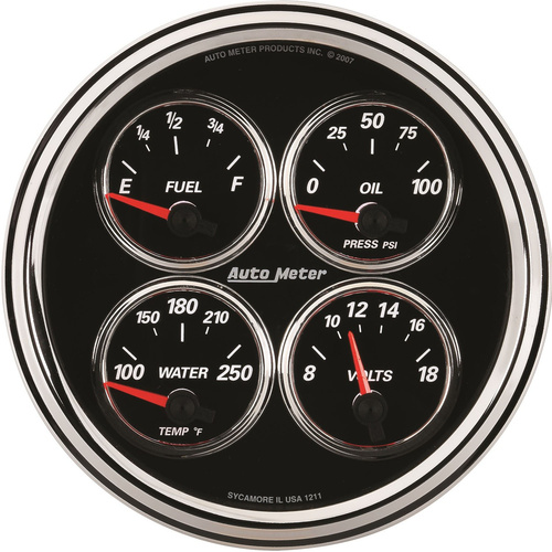 Autometer Gauge, Designer Black II, Quad, Fuel Level, Volts, Oil Pressure, Water Temperature, 5 in., 240-33 Ohms, Electrical, Analog, Each
