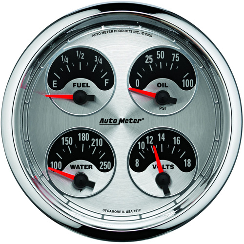 Autometer Gauge, American Muscle, Quad, Fuel Level, Volts, Oil Pressure, Water Temperature, 5 in., 240-33 Ohms, Electrical, Each