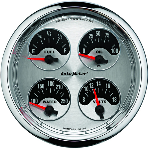 Autometer Gauge, American Muscle, Quad, Fuel Level, Volts, Oil Pressure, Water Temperature, 5 in., 0-90 Ohms, Electrical, Each
