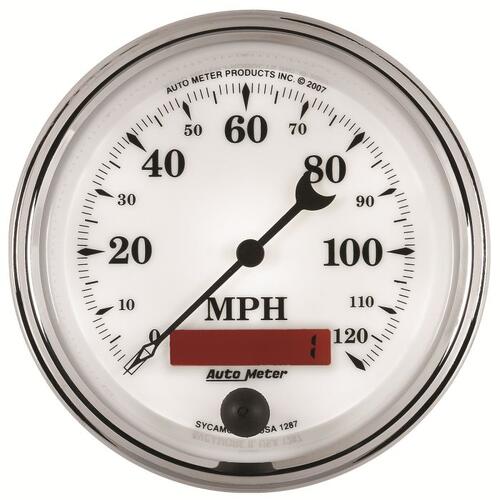 Autometer Gauge, Speedometer, 3 3/8", 120Mph, Elec. Prog. W/ Lcd Odo, Old Tyme Wht Ii, Old-Tyme Whit