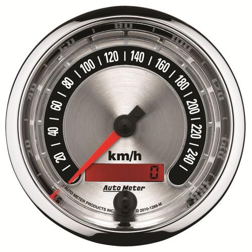 Autometer Gauge, Speedo., 3 3/8", 260Km/H, Elec. Programmable, American Muscle, American Muscle