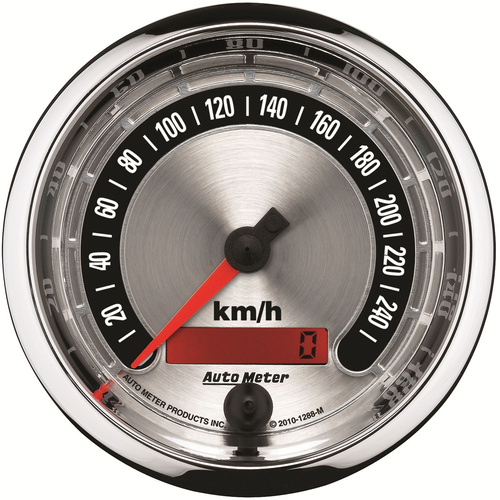 Autometer Gauge, American Muscle, Speedometer, 3 3/8 in., 260km/h, Electric Programmable, Each