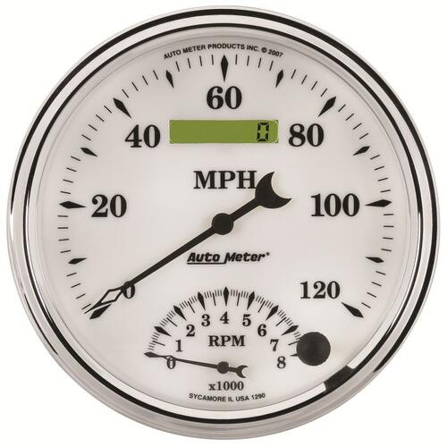 Autometer Gauge, Tach/Speedo, 5", 120Mph & 8K Rpm, Elec. Program, Old Tyme White Ii, Old-Tyme White
