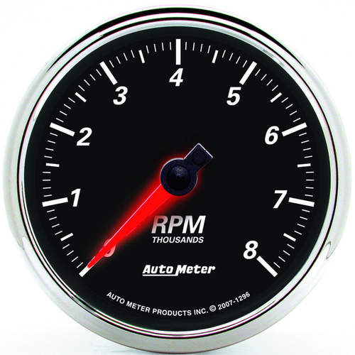 Autometer Gauge, Designer Black II, Tachometer, 3 3/8 in., 0-8K RPM, In-Dash, Analog, Each