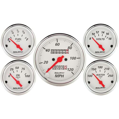 Autometer Gauge Kit, 5 Pc., 3 1/8" & 2 1/16", Mech. Speedometer, Arctic White, Arctic White