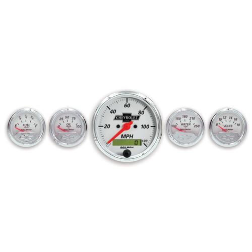 Autometer Gauge Kit, 5 Pc., 3 1/8" & 2 1/16", Elec. Speedo., Chevrolet Heritage Bowtie, Chevy Vintag