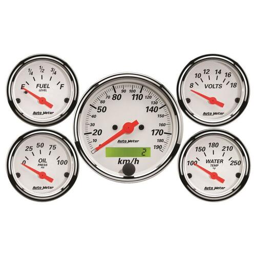 Autometer Gauge Kit, 5 Pc., 3 1/8" & 2 1/16", Elec. Km/H Speedo., Arctic White, Arctic White