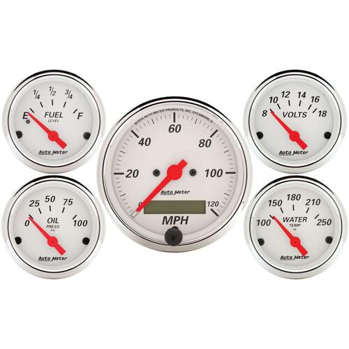 Autometer Gauge Kit, 5 Pc., 3 1/8" & 2 1/16", Elec. Speedometer, Arctic White, Arctic White