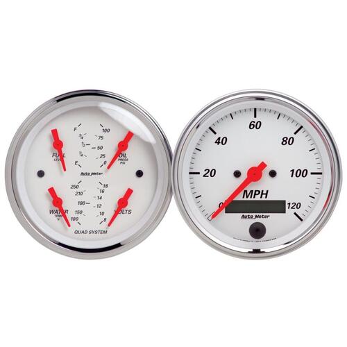 Autometer Gauge Kit, 2 Pc., Quad & Speedometer, 3 3/8", Arctic White, Arctic White