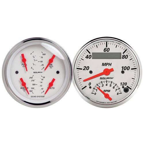 Autometer Gauge Kit, 2 Pc., Quad & Tach/Speedo, 3 3/8", Arctic White, Arctic White