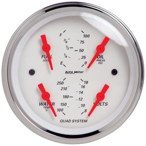 Autometer Gauge, Quad, 3 3/8", 240Ωe-33Ωf, Elec, Arctic White, Arctic White