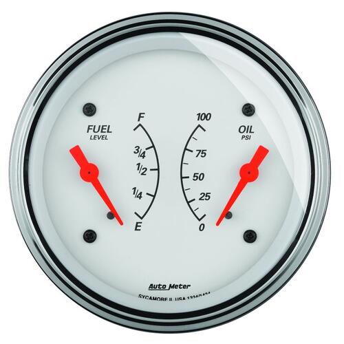 Autometer Gauge, Dual, Fuel & Oilp, 3 3/8", 240Ωe-33Ωf & 100Psi, Elec, Arctic White, Arctic White