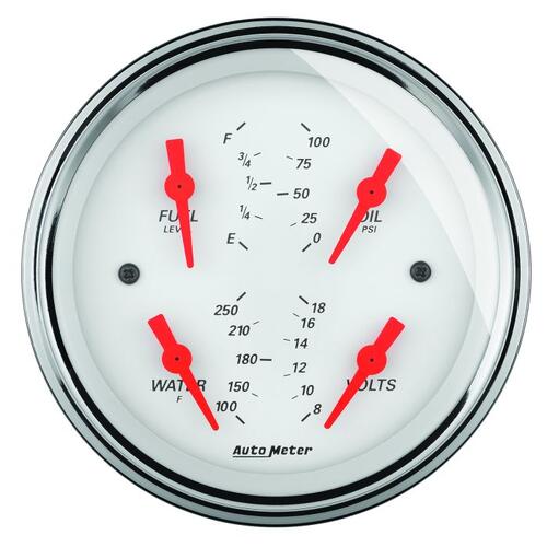 Autometer Gauge, Quad, 3 3/8", 0Ωe-90Ωf, Elec, Arctic White, Arctic White