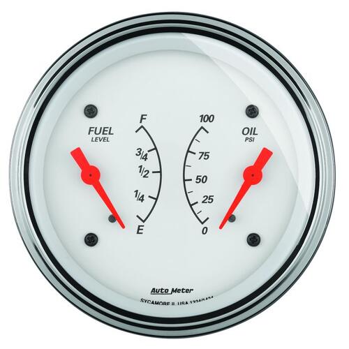 Autometer Gauge, Dual, Fuel & Oilp, 3 3/8", 0Ωe-90Ωf & 100Psi, Elec, Arctic White, Arctic White