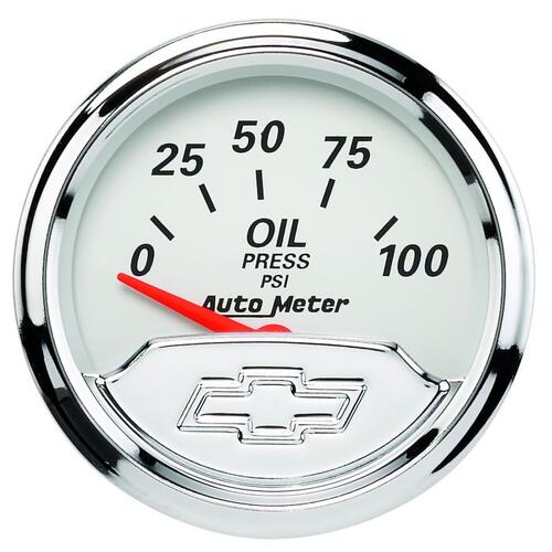 Autometer Gauge, Oil Press, 2 1/16", 100Psi, Elec, Chevrolet Heritage Bowtie, Chevy Vintage