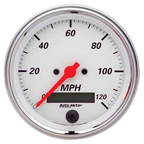 Autometer Gauge, Speedometer, 3 3/8", 120Mph, Elec. Prog. W/ Lcd Odo, Arctic White, Arctic White