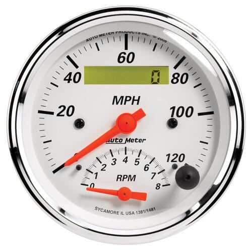 Autometer Gauge, Tach/Speedo, 3 3/8", 120Mph & 8K Rpm, Elec. Program., Arctic White, Arctic White