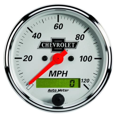 Autometer Gauge, Speedo, 3 1/8", 120Mph, Elec Prog W/ Lcd Odo, Chevrolet Heritage Bowtie, Chevy Vint