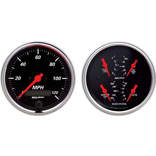 Autometer Gauge Kit, Designer Black, Quad, Fuel Level, Volts, Oil Pressure, Water Temperature & Speedometer, 3 3/8 in., Set of 2