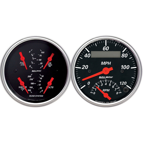 Autometer Gauge Kit, Designer Black, Quad, Fuel Level, Volts, Oil Pressure, Water Temperature & Tachometer/Speedometer, 3 3/8 in., Analog, Set of 2