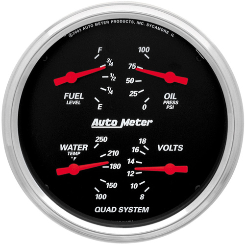 Autometer Gauge, Designer Black, Quad, Fuel Level, Volts, Oil Pressure, Water Temperature, 5 in., 240-33 Ohms, Electrical, Analog, Each