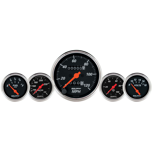 Autometer Gauge Kit, Speedometer, Designer Black, 3 1/8 in. & 2 1/16 in., Mechanical, Water Temp. & Oil Pressure, Analog, Set of 5