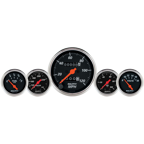 Autometer Gauge Kit, Speedometer, Designer Black, 3 1/8 in. & 2 1/16 in., Mechanical, Water Temp. & Oil Pressure, Analog, Set of 5