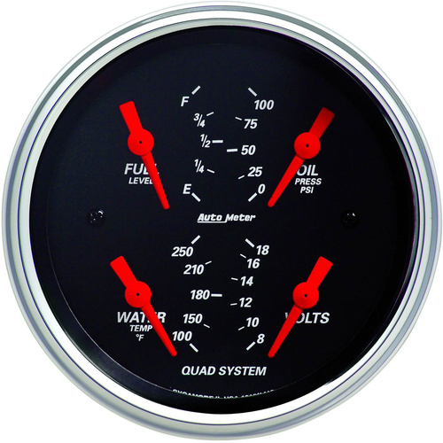 Autometer Gauge, Designer Black, Quad, Fuel Level, Volts, Oil Pressure, Water Temperature, 3 3/8 in., 240-33 Ohms, Electrical, Analog, Each