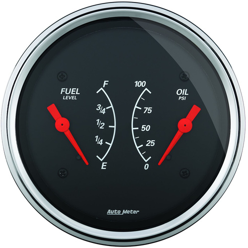 Autometer Gauge, Designer Black, Dual, FUEL & Oil Pressure, 3 3/8 in., 240-33 Ohms & 100psi, Electrical, Each