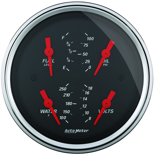 Autometer Gauge, Designer Black, Quad, Fuel Level, Volts, Oil Pressure, Water Temperature, 3 3/8 in., 0-90 Ohms, Electrical, Analog, Each
