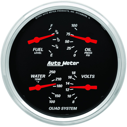 Autometer Gauge, Designer Black, Quad, Fuel Level, Volts, Oil Pressure, Water Temperature, 5 in., 0-90 Ohms, Electrical, Analog, Each