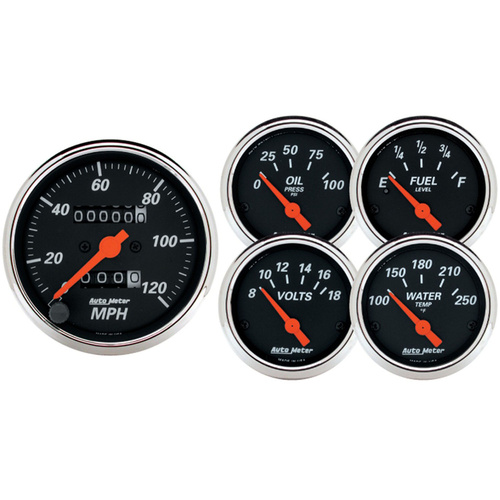 Autometer Gauge Kit, Speedometer, Designer Black, 3 1/8 in. & 2 1/16 in., Mechanical, Analog, Set of 5