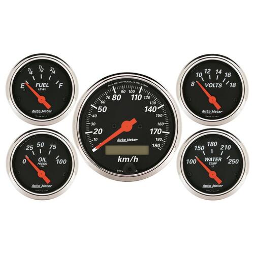 Autometer Gauge Kit, 5 Pc., 3 1/8" & 2 1/16", Elec. Km/H Speedometer, Designer Black, Designer Black