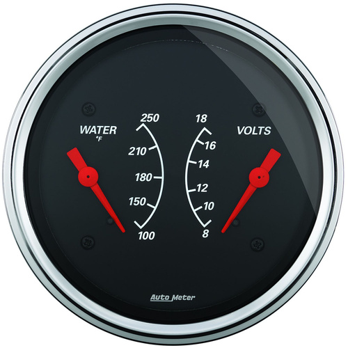 Autometer Gauge, Designer Black, Dual, WTMP & VOLT, 3 3/8 in., 250 Degrees F & 18V, Electrical, Analog, Each