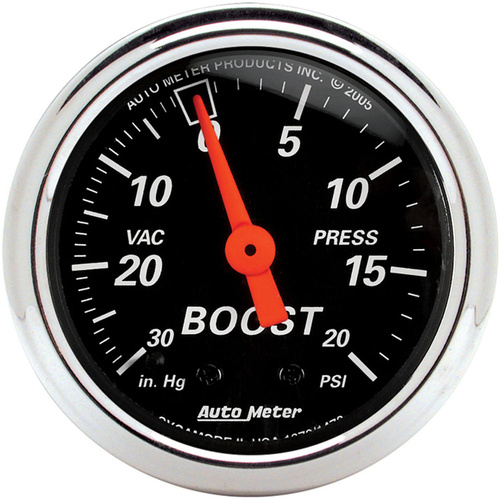Autometer Gauge, Designer Black, Vacuum/Boost, 2 1/16 in., 30 in. Hg/20psi, Mechanical, Analog, Each