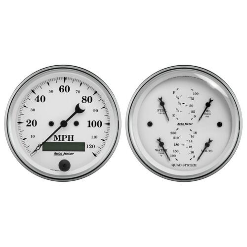 Autometer Gauge Kit, 2 Pc., Quad & Speedometer, 3 3/8", Old Tyme White, Old-Tyme White