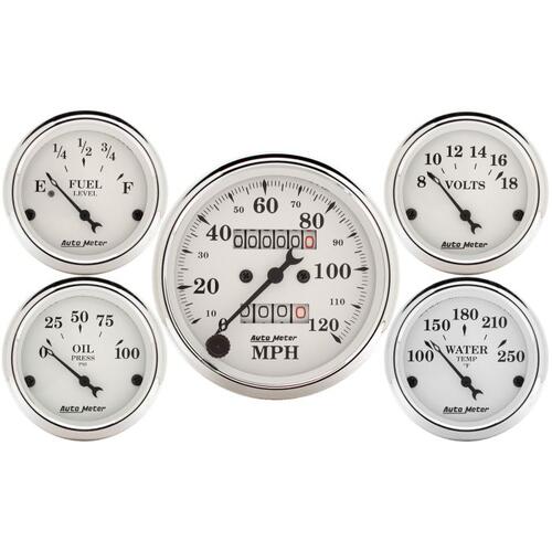 Autometer Gauge Kit, 5 Pc., 3 1/8" & 2 1/16", Mech. Speedometer, Old Tyme White, Old-Tyme White