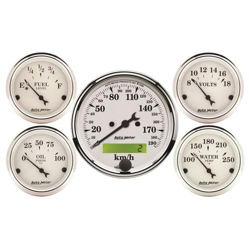 GAUGE KIT, 5 PC., 3 1/8" & 2 1/16", ELEC. KM/H SPEEDOMETER, OLD TYME WHITE
