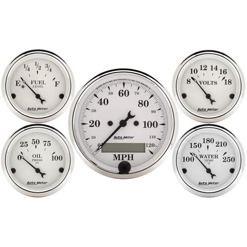 Autometer Gauge Kit, 5 Pc., 3 1/8" & 2 1/16", Elec. Speedometer, Old Tyme White, Old-Tyme White