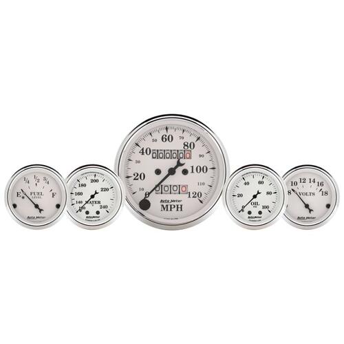 Autometer Gauge Kit, 5 Pc., 3 1/8" & 2 1/16", Mech. Speedo., Wtmp & Oilp, Old Tyme Wht, Old-Tyme Whi