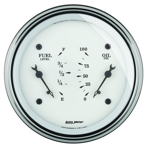 Autometer Gauge, Dual, Fuel & Oilp, 3 3/8", 240Ωe-33Ωf & 100Psi, Elec, Old Tyme Wht, Old-Tyme White