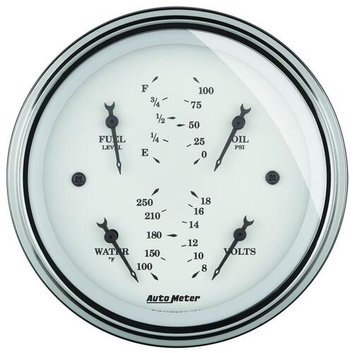 Autometer Gauge, Quad, 3 3/8", 0Ωe-90Ωf, Elec, Old Tyme White, Old-Tyme White