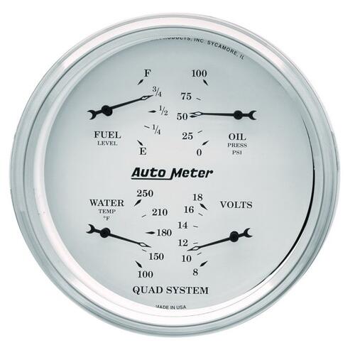 Autometer Gauge, Quad, 5", 0Ωe-90Ωf, Elec, Old Tyme White, Old-Tyme White