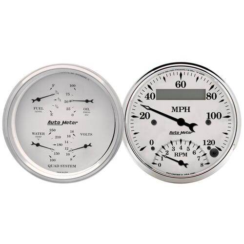 Autometer Gauge Kit, 2 Pc., Quad & Tach/Speedo, 3 3/8", Old Tyme White, Old-Tyme White