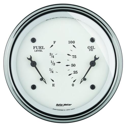 Autometer Gauge, Dual, Fuel & Oilp, 3 3/8", 0Ωe-90Ωf & 100Psi, Elec, Old Tyme White, Old-Tyme White