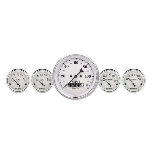 Autometer Gauge Kit, 5 Pc., 3 3/8" & 2 1/16", Elec. Speedometer, Old Tyme White, Old-Tyme White